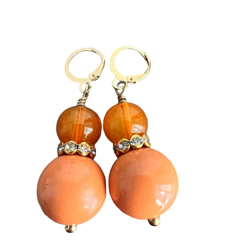 Peach Orange Bauble Beaded Rhinestone Studded Dangle Drop Earrings